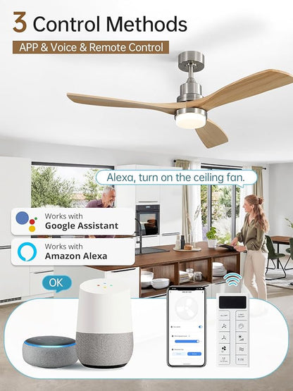 Sofucor 52 Inch Smart Ceiling Fans with Lights and Alexa/Google Assistant/APP/Remote Control-Modern Outdoor 3 Solid Wood Blades Ceiling Fan for Bedroom Living Room Patio, Sandy Nickel&Natural Wood
