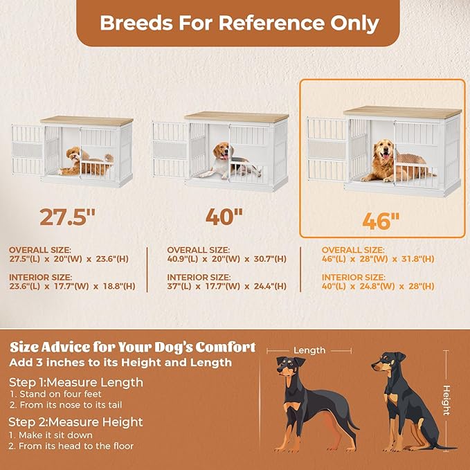 VOPEAK 46" Dog Crate Furniture, Chew Resistant Large Dog Crate for Medium Large Dogs, Heavy Duty XL Dog Crates Dog Kennel Cage Indoor with Double Doors, End Table for Bedroom Living Room, White-Mewly Pet