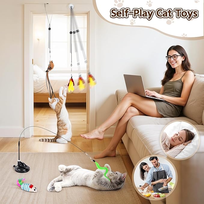 HONGDDY Interactive Bird Simulation Cat Toys，4 in 1 Cat Toys for Indoor Cats, 4 Replacement Birds，Hanging Door Kitten Wand with Suction Cup Removable Feathers Balls Mice Butterfly Streamers-Mewly Pet