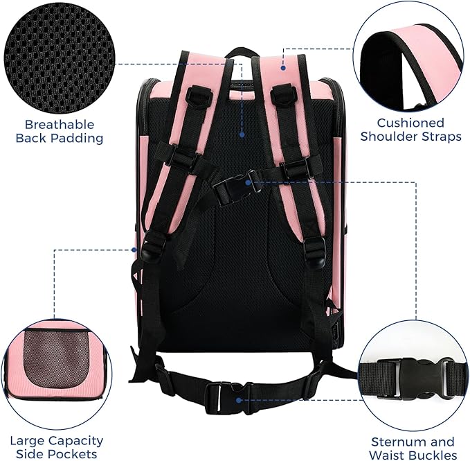 Apollo Walker Dog & Cat Carrier Backpack for 4-15lb Pets - Ventilated Safe Design with Padded Back Support, Breathable Mesh Pet Backpack for Hiking, Travel, Outdoor (Pink)-Mewly Pet