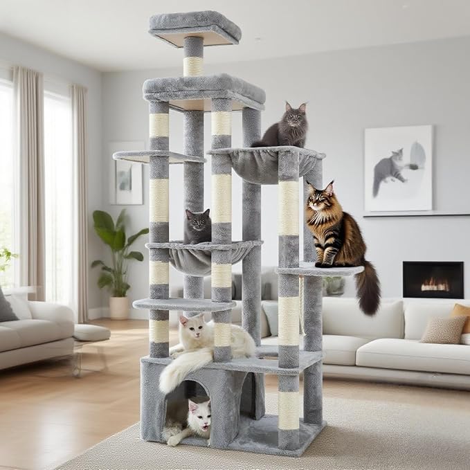 Heybly Heavy Duty Cat Tree, 71-Inch Tall Tower for Large Maine Coon with Extra-Large Baseboard, Cat Condo Furniture with Multi-Level Platforms, 2 Hammocks and 12 Scratching Posts, Light Gray HCT037W-Mewly Pet