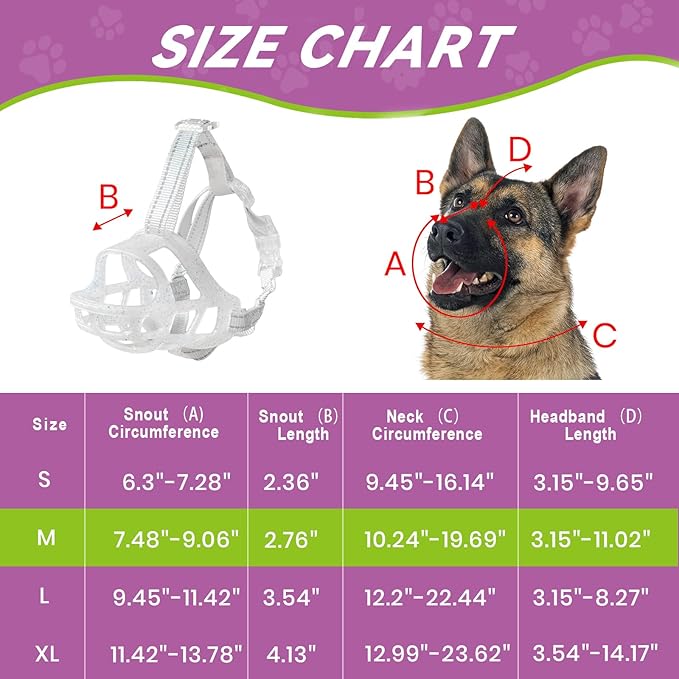 Glow-in-The-Dark Dog Muzzle, Basket Muzzle for Small Medium Large Dogs,Anti-Biting Chewing, Lightweight Cage Design,Allows Drinking & Panting,for Grooming & Training (Transparent Size M)-Mewly Pet