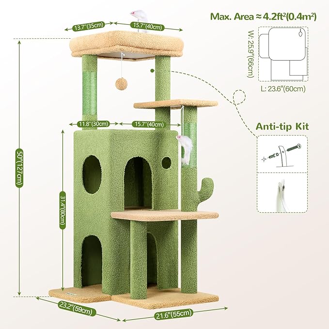 Globlazer Cactus Cat Tree Tower for Indoor Cats, 50-inch Adult Cat Tree House for Large Adult Cats with Steps, Scratching Post, 2 Cat Caves, Dangling Toys, FC50, Green-Mewly Pet