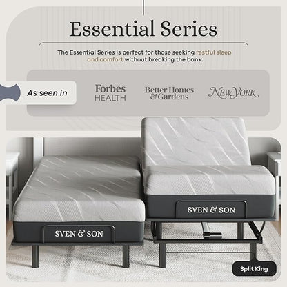 Sven and Son Essential Adjustable Bed Base (Frame) + 10 inch Memory Foam Matt (Firm), Easy Assembly, Head and Foot Lift, Memory Positions, Zero Gravity, Wireless Remote - Split King