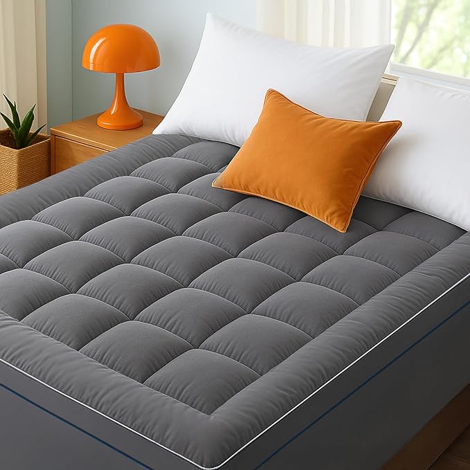 Bedsure Mattress Topper Queen - Pillow Top Mattress Pad Cover with Deep Pocket Fits up to 21 Inches, Plush Soft Bed Topper for Back Pain Relief, Overfilled with Down Alternative Filling, Grey