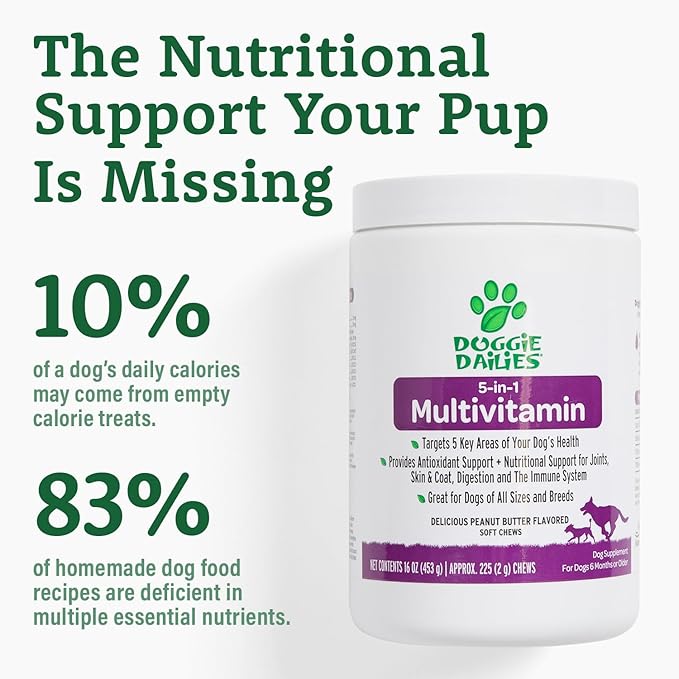 Doggie Dailies 5 in 1 Multivitamin for Dogs, Dog Multivitamin for Skin and Coat Health, Joint Health, Improved Digestion, Antioxidants, Support a Healthy Immune System (Peanut Butter) 225 Soft Chews-Mewly Pet