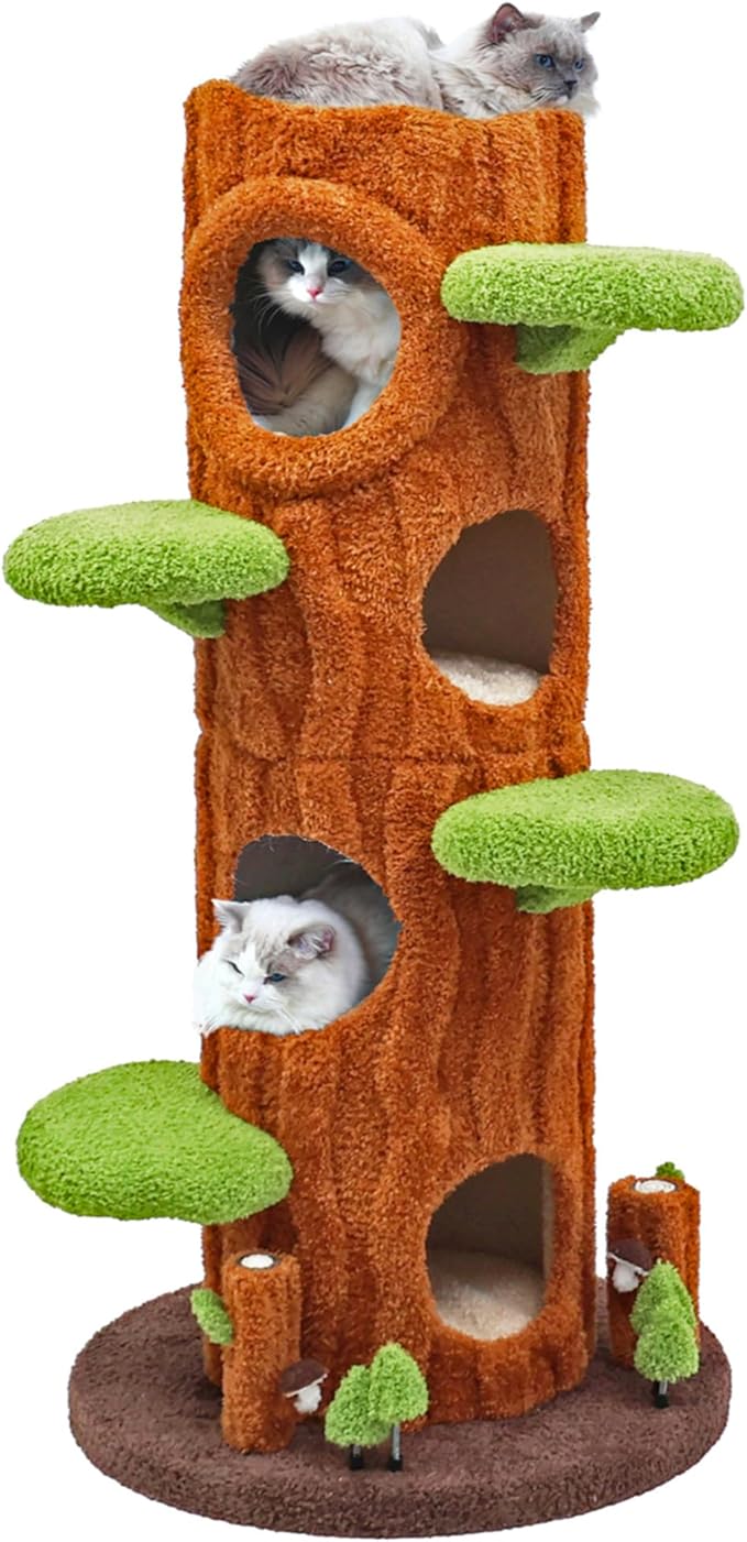Magic Forest Cat Tree Tower, 62 inches Tall, Real Solid Wood Cat Tree for Multi-Cat Household-Mewly Pet