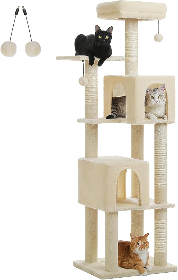 Cat Tree for Indoor Cats, Multi-Level Cat Tower with Sisal Scratching Posts, Padded Platform, Multi-Level Cat Condo w/Soft Bed & Scratching Pad, 2 Pompoms, Sturdy Base, Beige-Mewly Pet