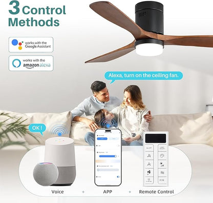 Sofucor 52 Inch Smart Ceiling Fans with Lights-Flush Mount Low Profile Modern Outdoor Solid Wood Ceiling Fans with Alexa/Google Assistant/APP/Remote Control for Bedroom/Farmhouse/Patio, Brown Black