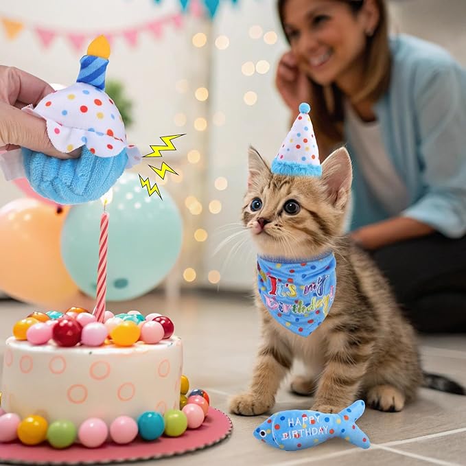 BINGPET Cat Birthday Catnip Toys for Indoor Cats,Cat Birthday Hat,Bandana and Cat Birthday Cake Interactive Plush Kitten Chew Toys,Cute Fish,Balloon Toys with Crinkle Paper and Catnip Inside(Sky Blue)-Mewly Pet