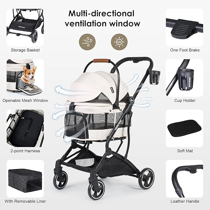 T3 Foldable Pet Stroller for Small Dogs & Cats – 3-in-1 Lightweight Design, 180° Canopy & Detachable Carrier (Beige)-Mewly Pet