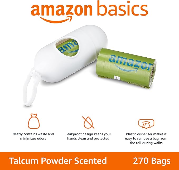 Amazon Basics Dog Poop Bags with Dispenser, 270 Count, Enhanced for Guaranteed Leakproof, Talcum Powder Scented, Includes Leash Clip-Mewly Pet