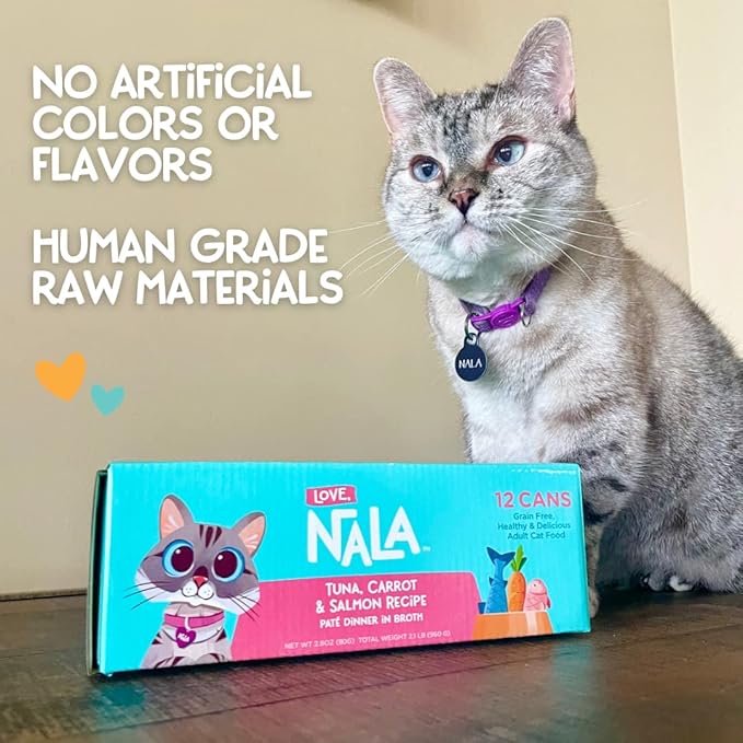 LOVE, NALA - Natural Adult Cat Wet Food - Pate Tuna, Carrot, & Salmon Recipe - Grain Free, Non-GMO, Digestive Fiber Blend, Minerals, Vitamins - 12 Pack 2.4 lbs.-Mewly Pet