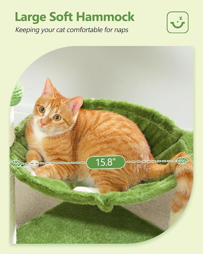 Small Cat Tree, 28" Cat Tower with Sisal Scratching Posts and Coconut Leaves for Indoor Small Cats, Large Hammock and Dangling Ball for Kittens, Green-Mewly Pet