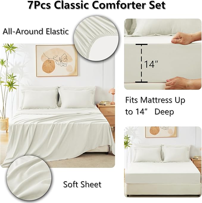 CozyLux King Size Comforter Set Ivory - 7 Pieces Bed in a Bag King, Luxury Soft Bed Set for All Seasons, Bedding Set with Down Alternative Comforter, Sheets, Pillowcases & Shams