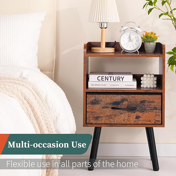 Yoobure Night Stand with Fabric Drawer, Modern Nightstand, Bedside Tables, Mid Century Nightstands with Open Storage Shelf, Wood Bedside Table, Small Night Stands for Bedrooms, 2-Tier Night Table