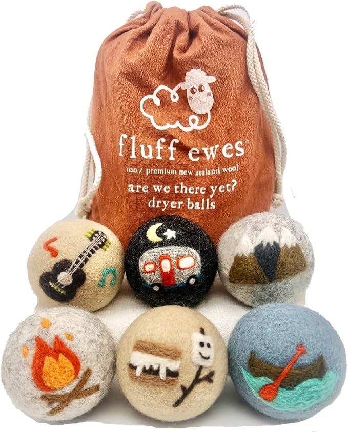Fluff Ewes Wool Dryer Balls 6 Pack Premium New Zealand Wool Laundry Balls for Dryer, No Static Dryer Balls Laundry Reusable, XL Wool Dryer Balls Cute, Baby Dryer Balls for Dryers - are We There Yet-Mewly Pet