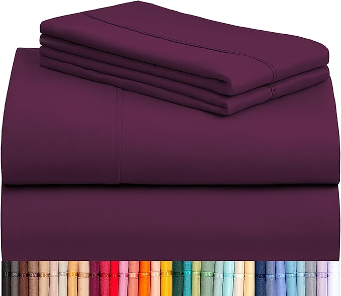 LuxClub 4 PC Full Sheet Set, Breathable Luxury Bed Sheets, Deep Pockets Wrinkle Free Cooling Bed Sheets Machine Washable Hotel Bedding Silky Soft - Eggplant Full