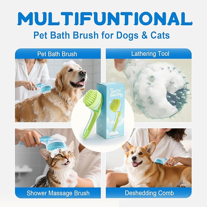 Dog Bath Brush, Silicone Pet Bath Brush with Soap Dispenser,Deep Cleansing & Gentle Massage for Dogs & Cats, Suitable for Long & Short Hair, Easy Grip, Bathing & Grooming(Green)-Mewly Pet