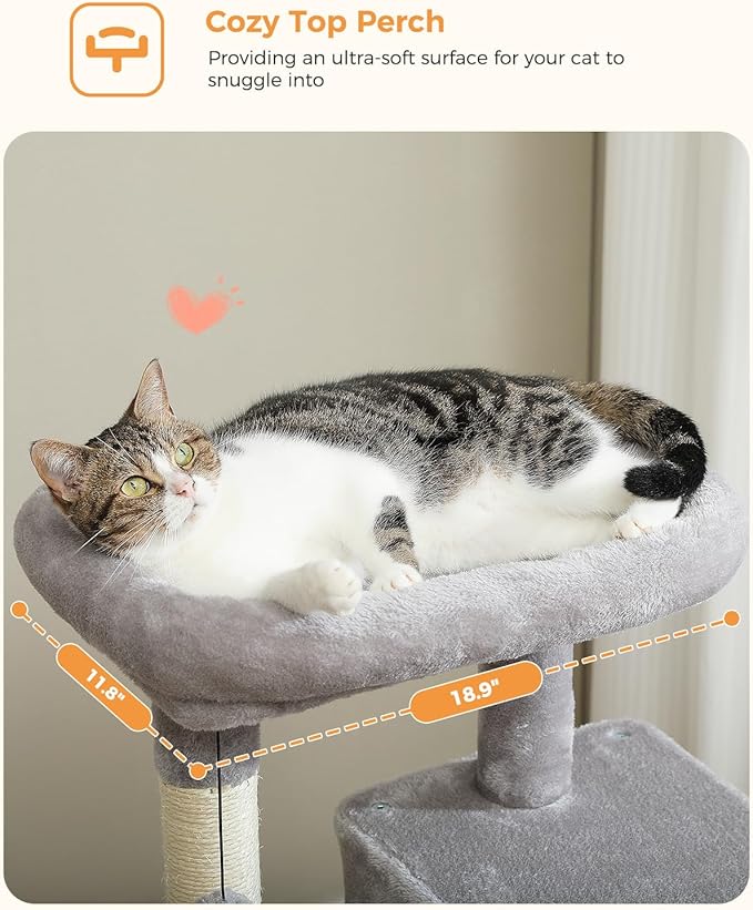 Cat Tree for Indoor Cats, 45.7" Multi-Level Cat Tower with Large Metal Frame Hammock, Cat Condo with 4 Scratching Posts and Top Perch for Small Medium Kitty, Grey-Mewly Pet