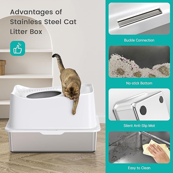 Stainless Steel Cat Litter Box, Large Top Entry Litter Box for Big Cats, Enclosed Kitty Litter Pan with Lid, Metal Cat Box Never Absorbs Odors, Easily Cleaning, Include Scoop-Mewly Pet