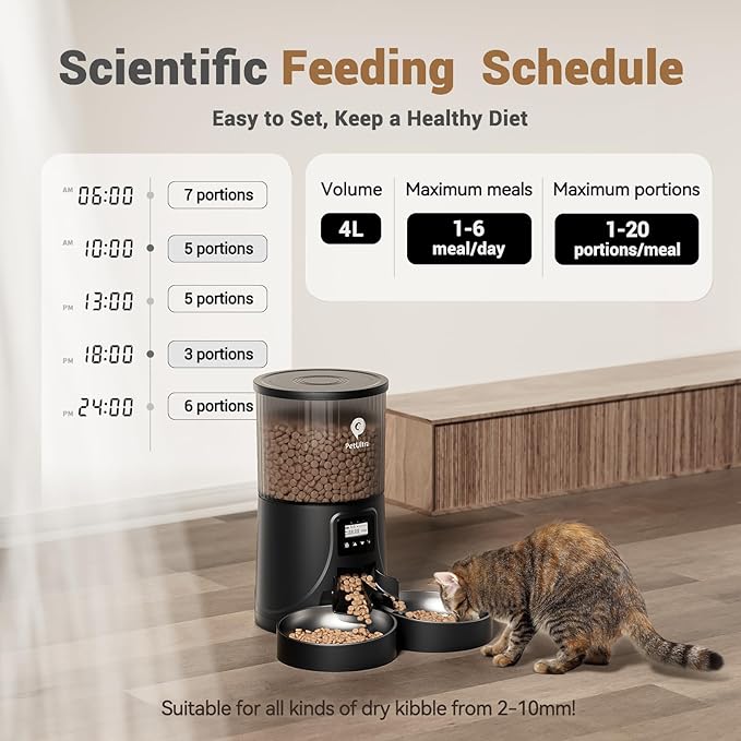 Automatic Cat Feeder for 2 Cats - 16 Cups/4L Timed Auto Pet Feeder with Portion Control (1-6 Meals), Dual Power& Easy to Clean for Indoor Cats & Small Dogs-Mewly Pet
