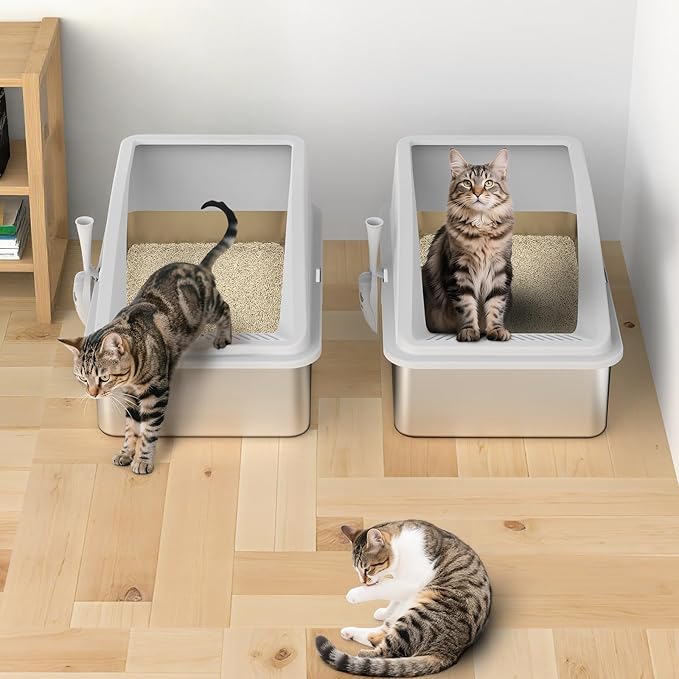 2 Pack Stainless Steel Litter Box | XL Enclosed Cat Litter Boxes with Lid for Big Cats and Multi-Cats | High Sided, Anti-Urine Leakage | Non-Stick Bottom（Silver Gray）-Mewly Pet