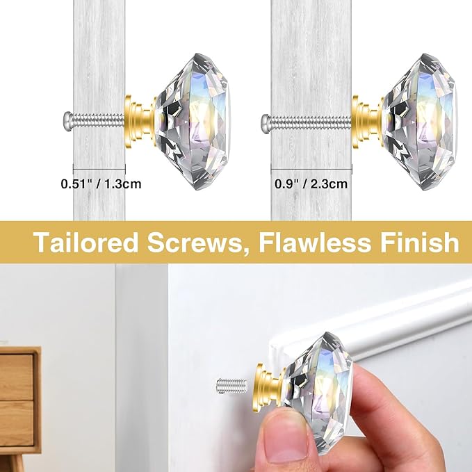 POZEAN Crystal Cabinet Knobs 12Pack, 1.57inch Dresser Knobs for Cabinet, Drawer with Two Different Sizes Screws, Diamond Glass Pulls Handles (40mm, 12Pack, Clear-Gold)