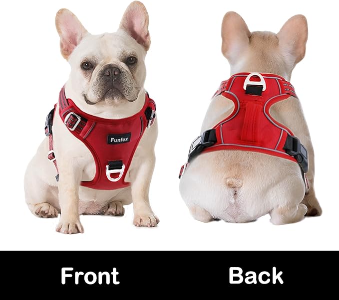 Funfox Dog Harness No Pull, Adjustable Pet Vest Harness, Super Soft Material with Vertical Handle Easy Control, Reflective Night Walking, 2 Leash Clips for Medium Sized Dogs, Red, M-Mewly Pet