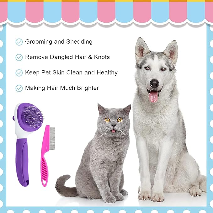 Cat Brush for Shedding, Cat Hair Brush with Release Button for Indoor Cats Dogs Self Cleaning Grooming(Purple)-Mewly Pet