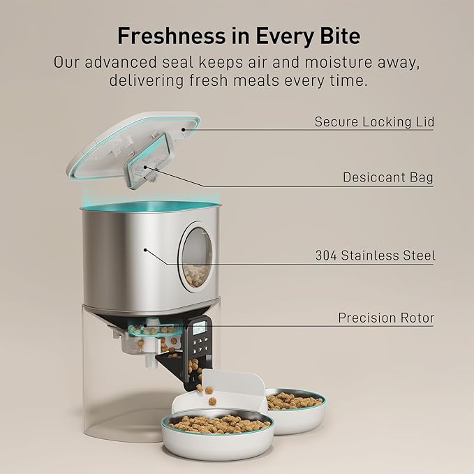 VOLUAS Automatic Cat Feeders for Two Cats,Stainless Steel 5L Pet Feeder for Cats and Dogs Timed Cat Feeder Pet Dry Food Dispenser, White-Mewly Pet