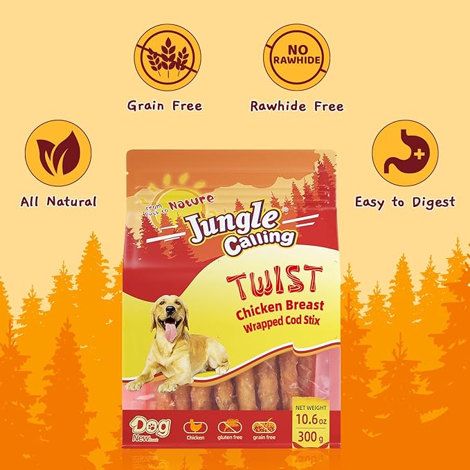 Jungle Calling Rawhide Free Treats for Dogs, Chicken Wrapped Cod Sticks Dog Treats, Soft Chewy Snacks for Training Rewards, 10.6 oz (Chicken)-Mewly Pet