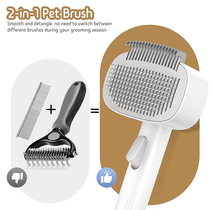 Self Cleaning Slicker Brush, 2-in-1 Cat Brush for Shedding, Skin Friendly Grooming Tool for Long & Medium-Long Hair Pets, Adjustable Bristle Length with Dematting Comb for Cats, Dogs-Mewly Pet