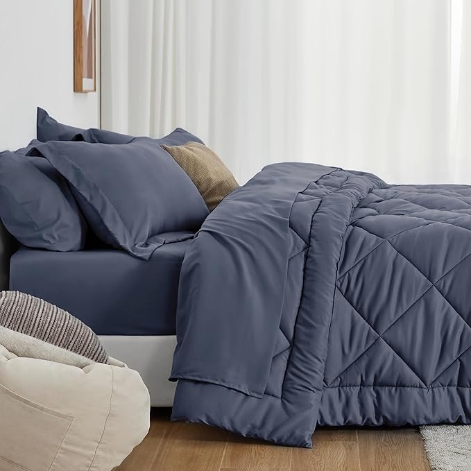 Love's Cabin 7-Piece Full Comforter Set – Navy Blue | All Season Bed in a Bag