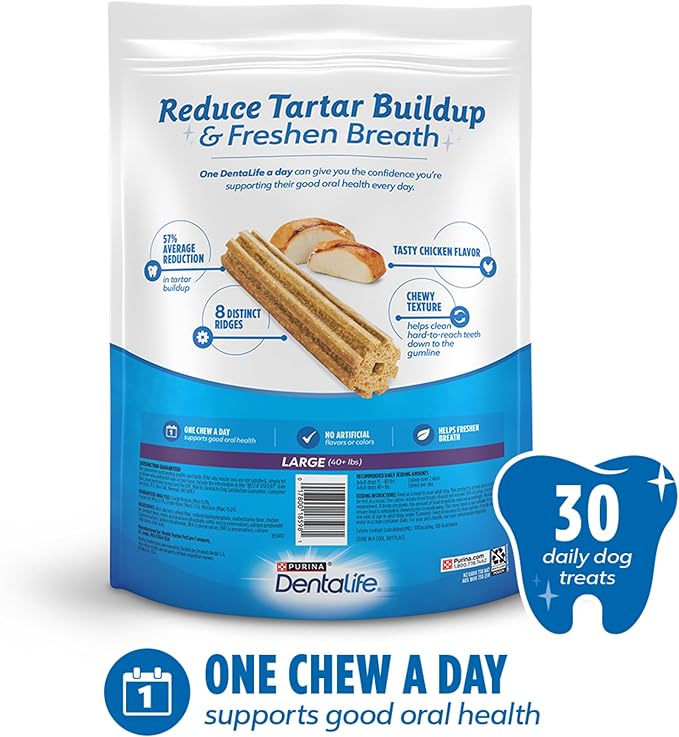 DentaLife Daily Oral Care Dog Treats for Large Dogs 40 plus lbs., Chewy Dental Treat to Freshen Breath and Fight Tartar, Chicken Flavor, 36 oz., 30 Chews - 30 ct. Pouch-Mewly Pet