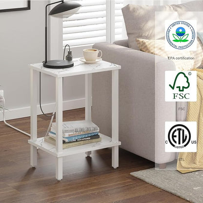 TUTOTAK End Table with Charging Station, Set of 2, Small Side Table, Nightstand Bedside Table, 2-Tier Storage Shelf for Small Space, Living Room, Bedroom, Marble White TB01BMW041