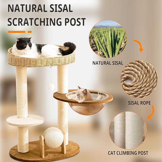Modern Cat Tree for Indoor Cats, Wood Cat Tree with Natural Sisal-Covered Scratching Posts, Unique Cat Furniture Activity Center with Cat Scratching Ball Toy-Mewly Pet