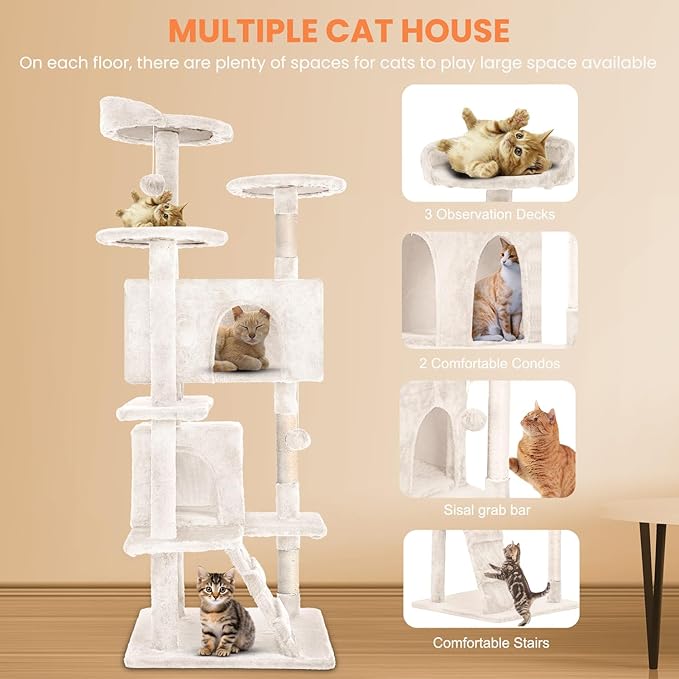 54.7 inches Cat Tower for Indoor Cats, Multi-Level Cat Condos with Scratching Posts, Hanging Toys, Beige-Mewly Pet