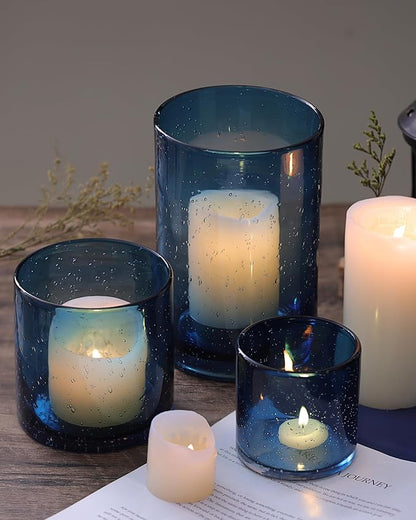 Hurricane Candle Holder Set of 3 Blue Candle Holders for Pillar Candles, Seeded Bubbles Glass Candle Holder, Blue Glass Cylinder Vases for Table Centerpieces, Home, Patio and Wedding 8" 4.7" 3.5"