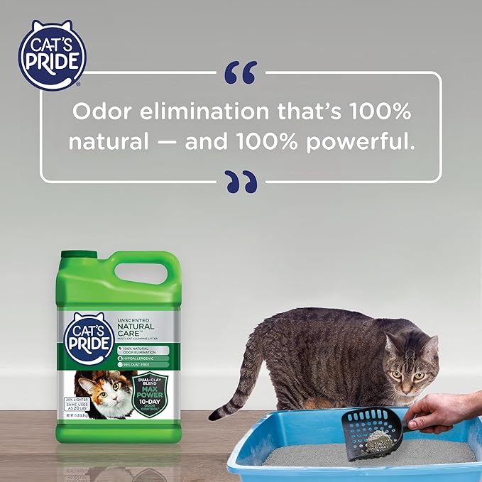 Cat's Pride Max Power: Natural Care - Up to 10 Days of Powerful Odor Control - 100% Natural Odor Elimination - Hypoallergenic - 99% Dust Free - Multi-Cat Clumping Litter, Unscented, 15 Pounds-Mewly Pet
