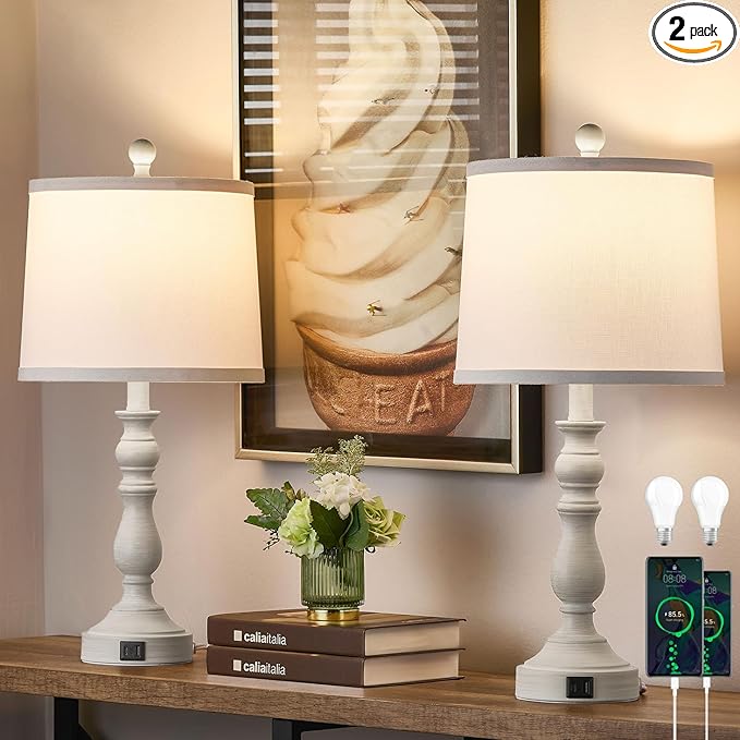 23'' Farmhouse Table Lamps for Living Room Set of 2 with USB C+A Ports, Retro Bedside Lamp for Bedroom, Office, Dining Room, Knob Switch, 3 Color Temperatures, Bulb Included, Beige