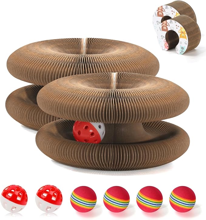 2 PCS Magic Organ Cat Scratcher Board with 6 Balls, Foldable Recyclable Accordion Cats Toy with Ball and Track Adventure, Cat Scratching Pad, Retractable Reversible Furniture Protector(Brown)-Mewly Pet