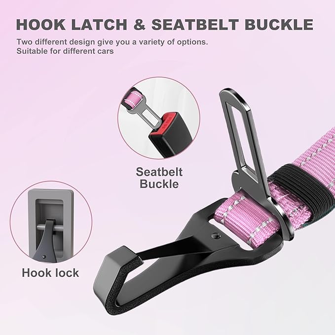 IOKHEIRA Dog Seat Belt 3-in-1 Car Harness for Dogs Adjustable Safety Seatbelt for Car Nylon Reflective Bungee Fabric Dog Car Harness with Clip Hook Latch & Buckle, Swivel Zinc Alloy Carabiner (Pink)-Mewly Pet