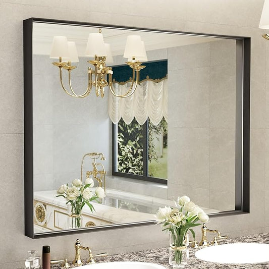 40x30 Inch Black Bathroom Mirrors for Over Sink, Wall Mirror, Metal Framed, Modern Rectangle Mirror, Wall-Mounted Vanity Mirrors Horizontal/Vertical