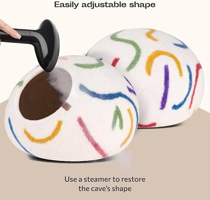 MEOWFIA Cat Cave – Premium Felt Cat Bed for Indoor Cats, Handmade 100% Merino Wool (Medium, Ivory Rainbow)-Mewly Pet