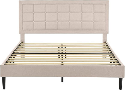 Decoro Mornington Upholstered 2.0 Platform Bed, Button-Tufted Fabric Headboard and Metal Frame with Wood Slat Support, Linen, Queen