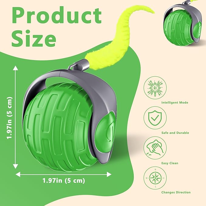 Cat Toys,Interactive Cat Toys Ball for Bored Indoor Cat,Automatic Rolling,Drop Resistant and Obstacle Avoidance,2 Modes Adjustment,Fluffy Tail and USB Type-C Rechargeable（Green）-Mewly Pet