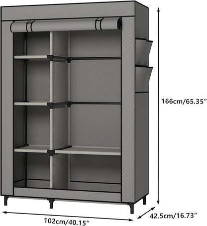 Calmootey Portable Closet Organizers, Clothing Storage, Wardrobe with 6 Shelves and Hanging Rod, Non-Woven Fabric Cover with 4 Side Pockets, Grey