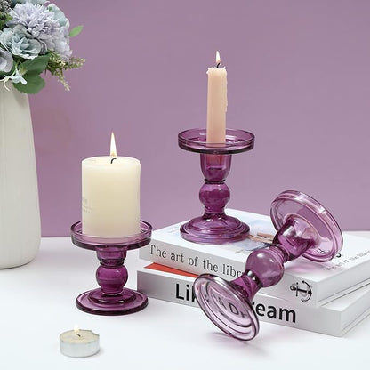 GMWD 3 Pcs Glass Candle Holder Set Clear, Purple Candlesticks Holders Pillar Taper Candles Tealight Stand for Wedding Centerpieces Home Decorations Dining Table