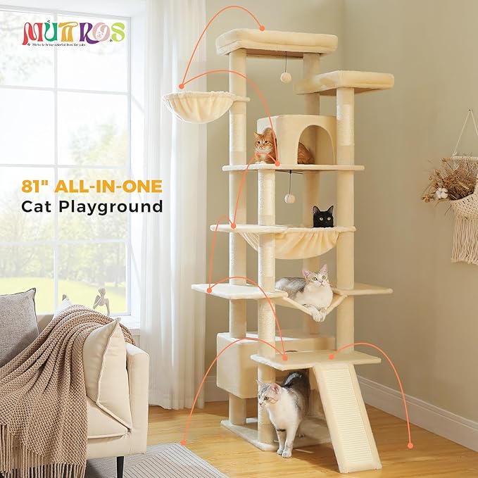 81" Heavy Duty Cat Tree for Large Cats up to 20lbs - Extra Tall Cat Tower with Metal Frame Hammock, 6 Sisal Scratching Posts, 2 Perches - Indoor Cat Furniture for Maine Coon, Big Cats, Beige-Mewly Pet